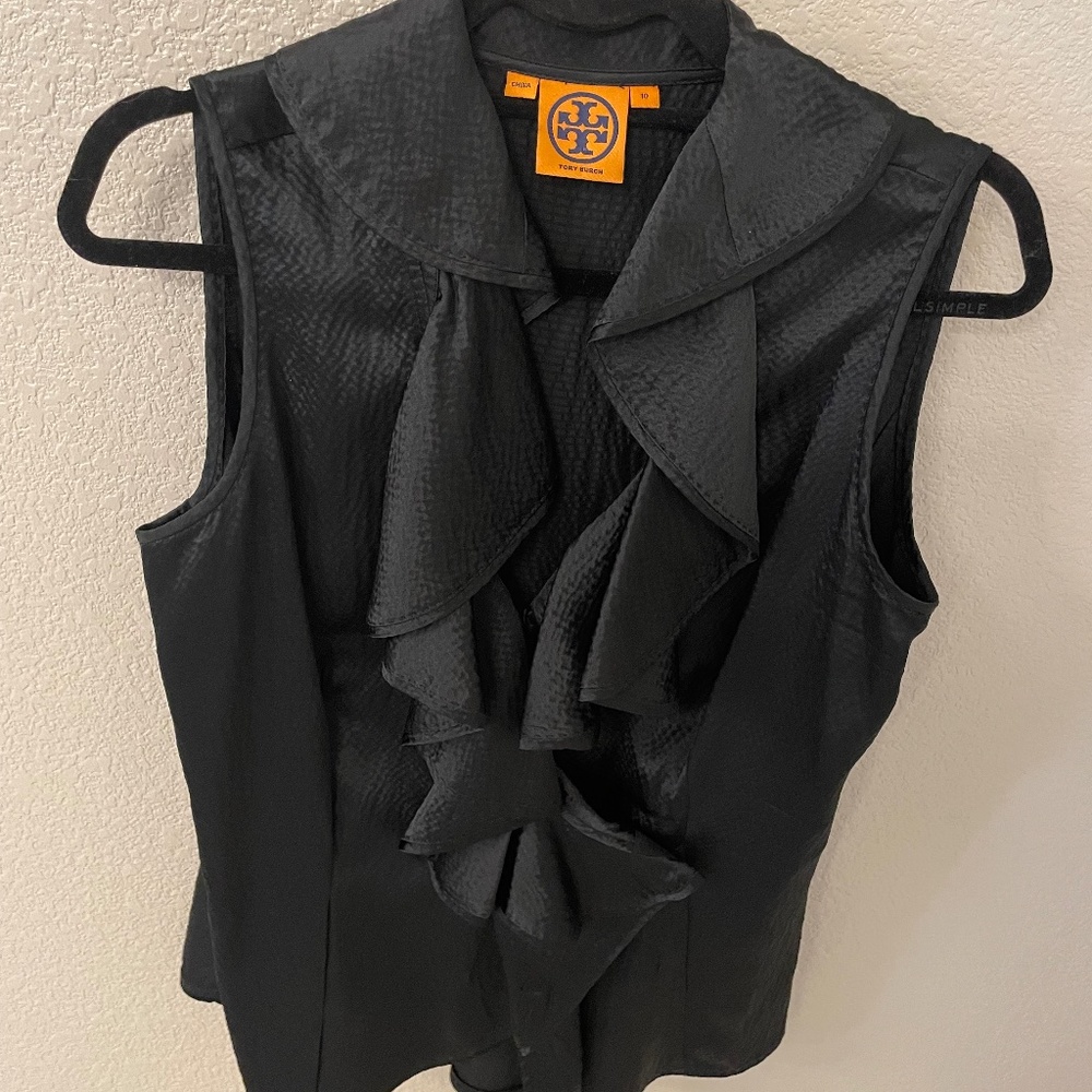 TORY BURCH Kathleen Silk Ruffled V Neck Sleeveless Blouse Size 10
